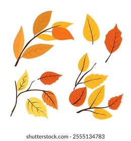 Set of vector autumn yellow dry leaves. Flat illustration with brown plants for design