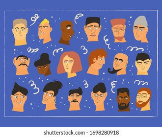 Set of vector avatar icons. Faces of different persons. Human heads with frame banner. Vector flat illustration.