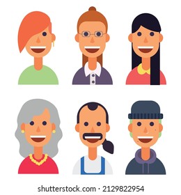 Set of vector avatars in flat style joyful men and women with clothes and hairstyle.