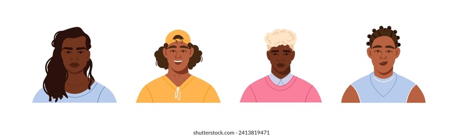A set of vector avatars of modern African American men with different hairstyles. Vector illustration in a flat style