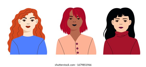 set of vector avatars of women, different hairstyles and skin color