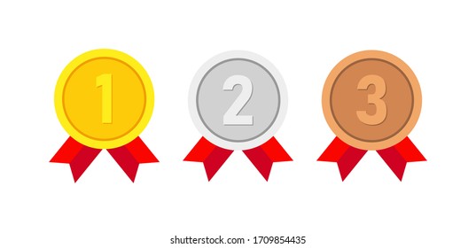 Set of vector award medals golden, silver and bronze isolated on white background. Winner medal with red ribbon icon. Championship award. Achievement, victory concept. 