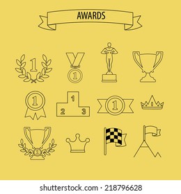 set of vector award success and victory icons with trophies cups ribbons medals medallions wreath and a podium