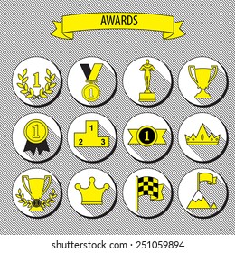 set of vector award success and victory flat icons on round web buttons with trophies cups ribbons crown diadem medals medallions wreath and a podium