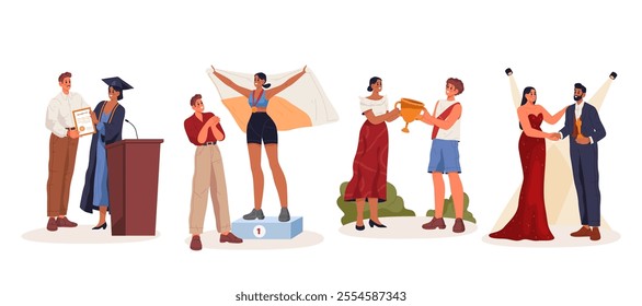 Set of vector awarding ceremony illustration. Student graduating, sport event podium. Winning celebration with trophy and scholar with diploma or certificate. University and sportsmanship. Education.