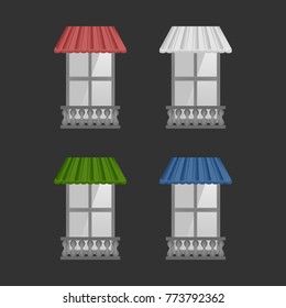 Set of Vector awnings on windows with black background wall and pilaster balcony