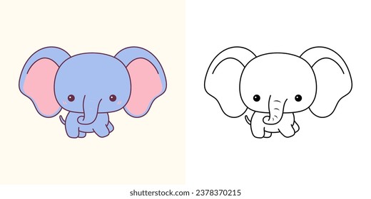 Set Vector Baby Elephant Multicolored and Black and White. Kawaii Clip Art Baby Animal. Cute Vector Illustration of a Kawaii African Animal for Stickers, Baby Shower, Coloring Pages. 