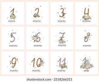 A set of vector baby postcards featuring numbers and flowers, ideal for newborns. Perfect for use in baby announcements, milestone cards, nursery decor, and as gifts for new parents.