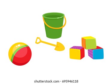 Set of vector baby toys in flat style. Cubic blocks, striped rubber ball, baby bucket and sand shovel. Isolated illustration on a white background. Children education, growth and development concept.