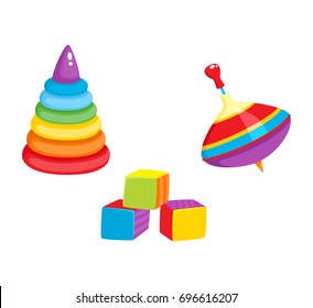 Set of vector baby toys in flat style. Cubic blocks, plastic pyramid , whirligig toy. Isolated illustration on a white background. Children education, growth and development concept.