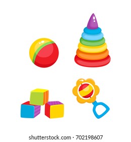Set of vector baby toys in flat style. Cubic blocks, plastic pyramid , striped ball and rattle toy. Isolated illustration on a white background. Children education, growth and development concept.