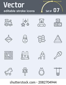 Set of vector baby toys line icons isolated on transparent background. Editable stroke
