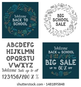 Set of vector back to school sale flyer, banner, poster background. Hand drawn sketch letters. Layout for discount labels, flyers and shopping  template.