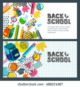 Set of vector back to school sale banner, poster background. Hand drawn sketch letters, multicolor pencils and other school supplies on notebook sheet. Layout for discount labels, flyers and shopping