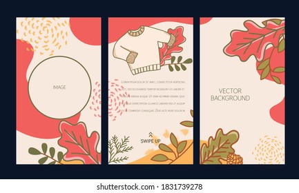 Set of vector background autumn season pastel color with leafs, abstract shape, and autumn item. use for social media stories, greeting card, or poster. illustration template. 