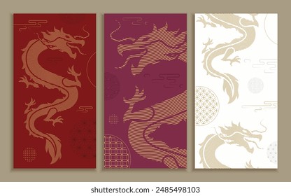 Set of vector background, banner, poster, brochure. Chinese illustration of the zodiac sign Dragon. Chinese lunar calendar 2024 symbol in gold style with traditional patterns. Happy Chinese New Year.