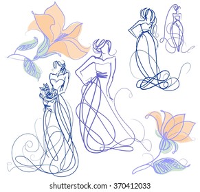 set vector background with a beautiful bride in a wedding dress