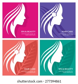 Set Of Vector Background With Beautiful Woman Face Silhouette. Profile Of The Young Girl. Abstract Design Concept For Beauty Salon, Massage, Cosmetic Spa, Greeting Card For International Women Day. 

