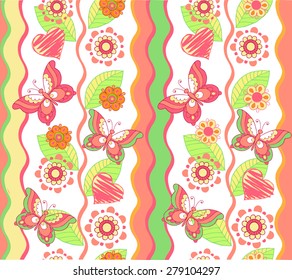 Set of vector background with butterflies, hearts and stripes. Seamless pattern for your wallpaper design, patterns, background web page backgrounds, textures.