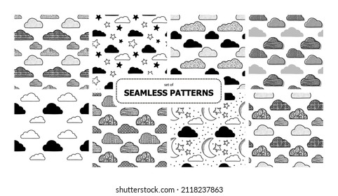 Set of vector background. Clouds, rainbows, stars, sky. Pack of childhood seamless patterns. For printing on paper and fabric.
