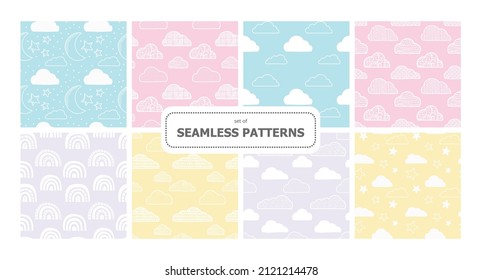 Set of vector background. Clouds, rainbows, stars, sky. Pack of childhood seamless patterns. For printing on paper and fabric.
