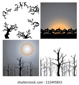 Set of Vector Background Design Elements for Halloween: Trees, Branches, Autumn Forest and Row of Pumpkins in the Dark
