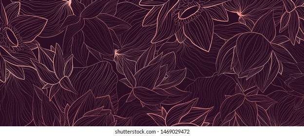 Set of vector background with hand draw pink gold solhouettes of lotus flower and leaves.