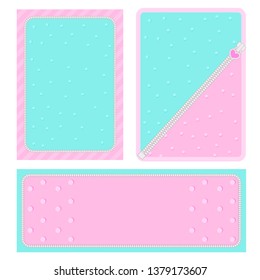 Set of vector background with hearts and dots for invitation card. Candy shop showcase frame. Pink, turquoise backdrop for gender reveal, baby shower, little princess birthday lol party. Girlish style