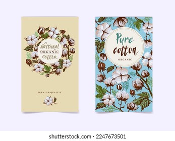 set of vector background illustrations with hand drawn cotton branches for social media, wallpaper banners, covers, templates and 100% natural products.