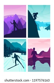 set vector background with polygonal landscape illustration with athletes. winter sports. flat design. vector illustration. snowboard, cross-country skiing, skater, downhill skiing