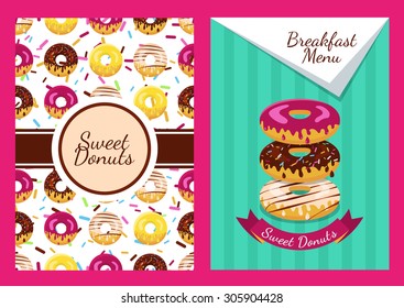 Set of vector background and seamless pattern with donuts. Abstract concept for cafe, restaurant, breakfast menu, desserts, bakery. Flyer, poster, banner, packaging design. Food flat illustration.