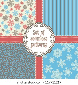 Set of vector background with snowflakes, strips and curls. Seamless pattern for your design wallpapers, pattern fills, web page backgrounds, surface textures. Hand drawn elements for Christmas design
