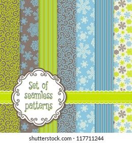 Set of vector background with snowflakes, strips and curls. Seamless pattern for your design wallpapers, pattern fills, web page backgrounds, surface textures. Hand drawn elements for Christmas design