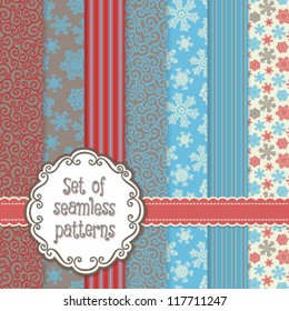 Set of vector background with snowflakes, strips and curls. Seamless pattern for your design wallpapers, pattern fills, web page backgrounds, surface textures. Hand drawn elements for Christmas design