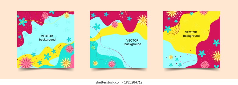 Set of vector backgrounds with abstract shapes and flowers, for social networks, advertising. Bright funny brochure cover template. Place for text