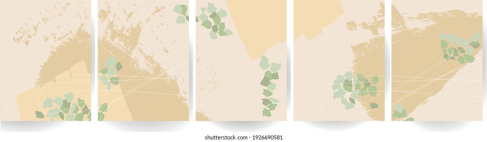 set of vector backgrounds. abstract spots and stylized palm leaves in neutral, light, beige tones