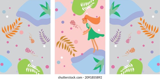 Un conjunto de fondos vectoriales con motivos botánicos con hojas tropicales de palma y formas abstractas. Adecuado para fondos de pantalla, fondos. Ilustración del vector