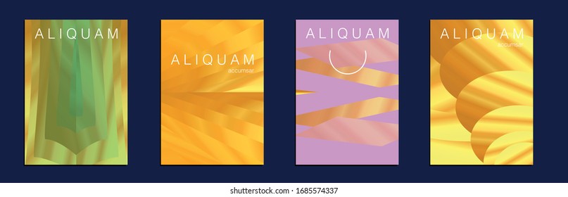 Set of Vector Backgrounds for Business Flyers. Liquid Texture for Foil Label. Vintage Cosmic Design. Metallic Gold Yellow Fluid Minimal Cover. 1990 Paper Gradient Backdrop. Luxury Abstract Brochure.