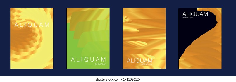  Conjunto de fondos vectores para volantes profesionales. Fondo de degradado de papel de 1990. Folleto abstracto de lujo.Textura líquida para la etiqueta de aceite. Diseño Cósmico Vintage.Tapa mínima de líquido. Amarillo dorado metálico