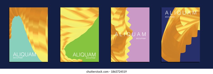Set of Vector Backgrounds for Business Flyers. Fluid Minimal Cover. Liquid Texture for Foil Label. Vintage Cosmic Design. 1990 Paper Gradient Backdrop. Luxury Abstract Brochure. Metallic Gold Yellow