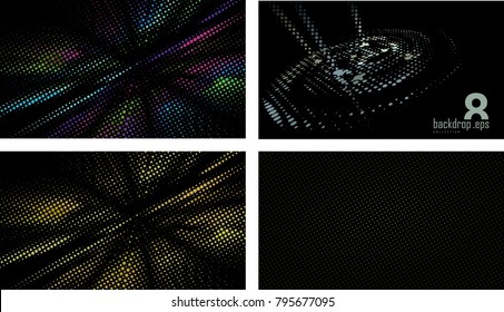 Set of vector backgrounds with color halftone elements and particles special effects, backdrop for event, presentation or a video titles template.