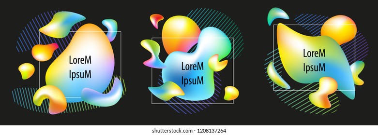 Set of vector backgrounds. Colorful abstract liquid and fluid poster and cover design. Fluid shapes composition with trendy gradients.
