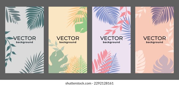 Set of vector backgrounds colorful tropical leaves. Mockup for banner, poster, flyer. Vector drawing on a colored background.