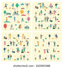 Set of vector backgrounds in flat design of different people activities