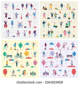 Set of vector backgrounds in flat design of different people activities