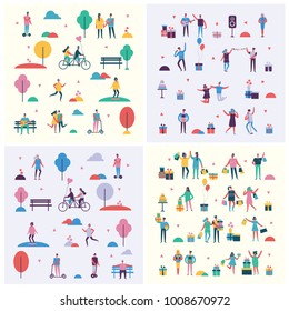 Set of Vector backgrounds in a flat style of group of happy dancing, singing, shopping and outdoor people