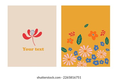 Set of vector backgrounds with flowers in trendy retro trippy style. Hippie 60s, 70s style. Blue, orange, beige colors.
