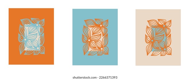 Set of vector backgrounds with flowers in trendy retro trippy style. Hippie 60s, 70s style. Blue, orange, beige colors.