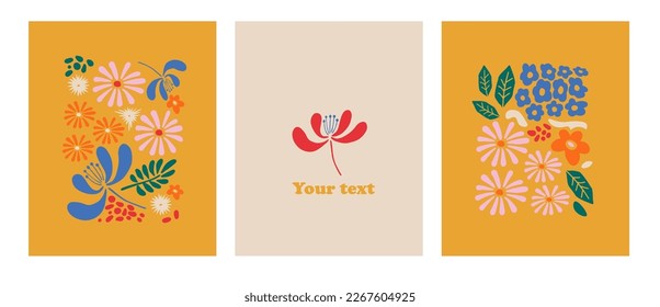 Set of vector backgrounds with flowers in trendy retro trippy style. Hippie 60s, 70s style. Blue, orange, beige colors.