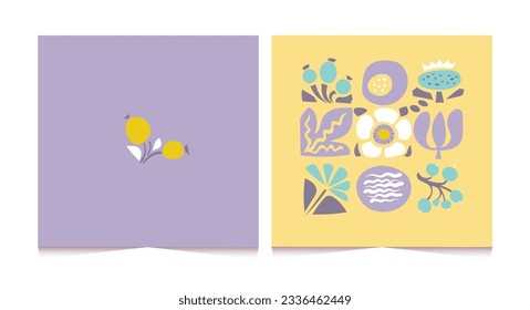 Set of vector backgrounds with flowers in trendy retro trippy style. Hippie 60s, 70s style. Yellow, violet colors.